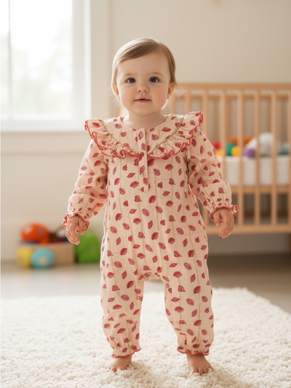 Egg New York Cream & Pink Leaf-Print Ruffle Footed One-Piece Baby Girl 6M
